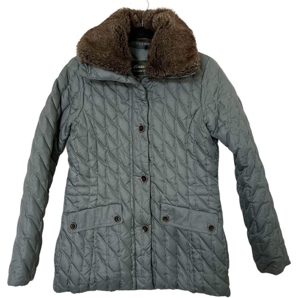 Eddie Bauer premium goose down quilted jacket size XS. Faux fur collar